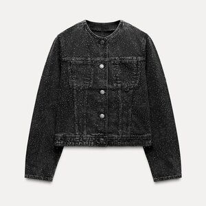 SMALL ZARA Gray Black Rhinestone Studded Denim Jacket - ZW Collection NWT